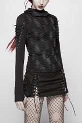 T-shirt gothique pour femme à manches longues avec cordon de serrage, capuche, trous noirs cassés et tricot serré